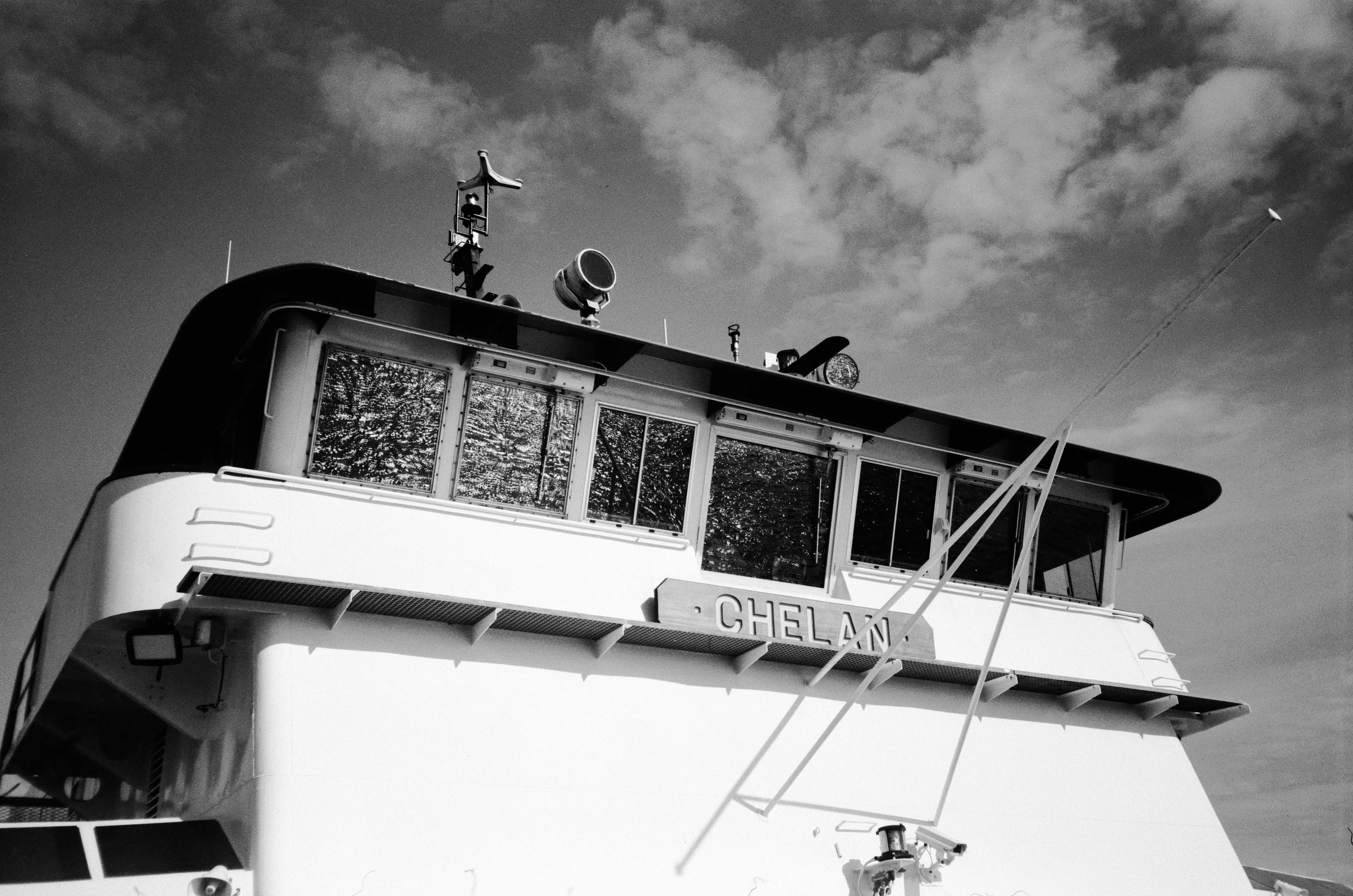 a black & white image of a Washington State ferry called the Chelan